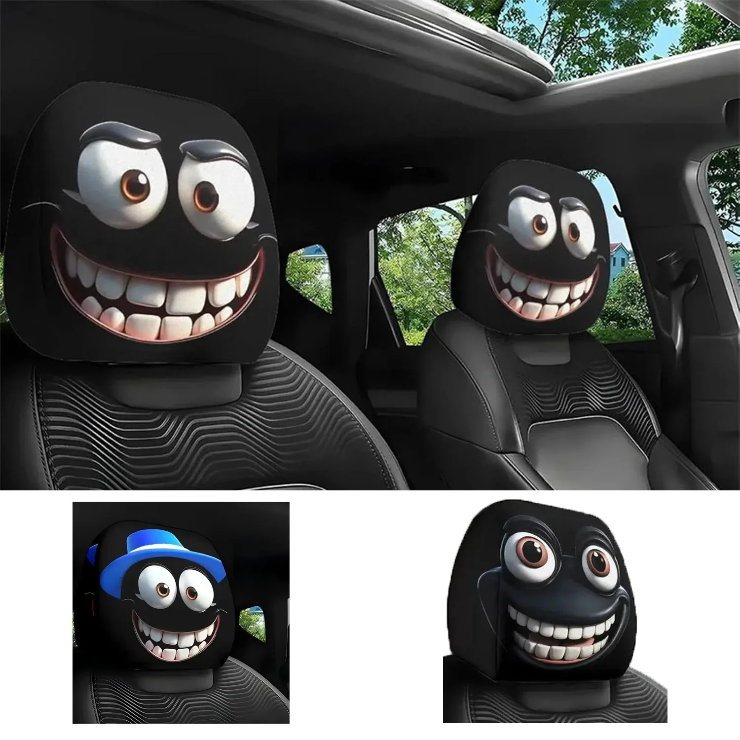 2 Stück Smiley-Gesicht bedruckter Auto-Kissenbezug, weich, bequem, dekorativer Kissenbezug, Auto-Sitz-Kopfstütze, waschbares Polyestergewebe Image