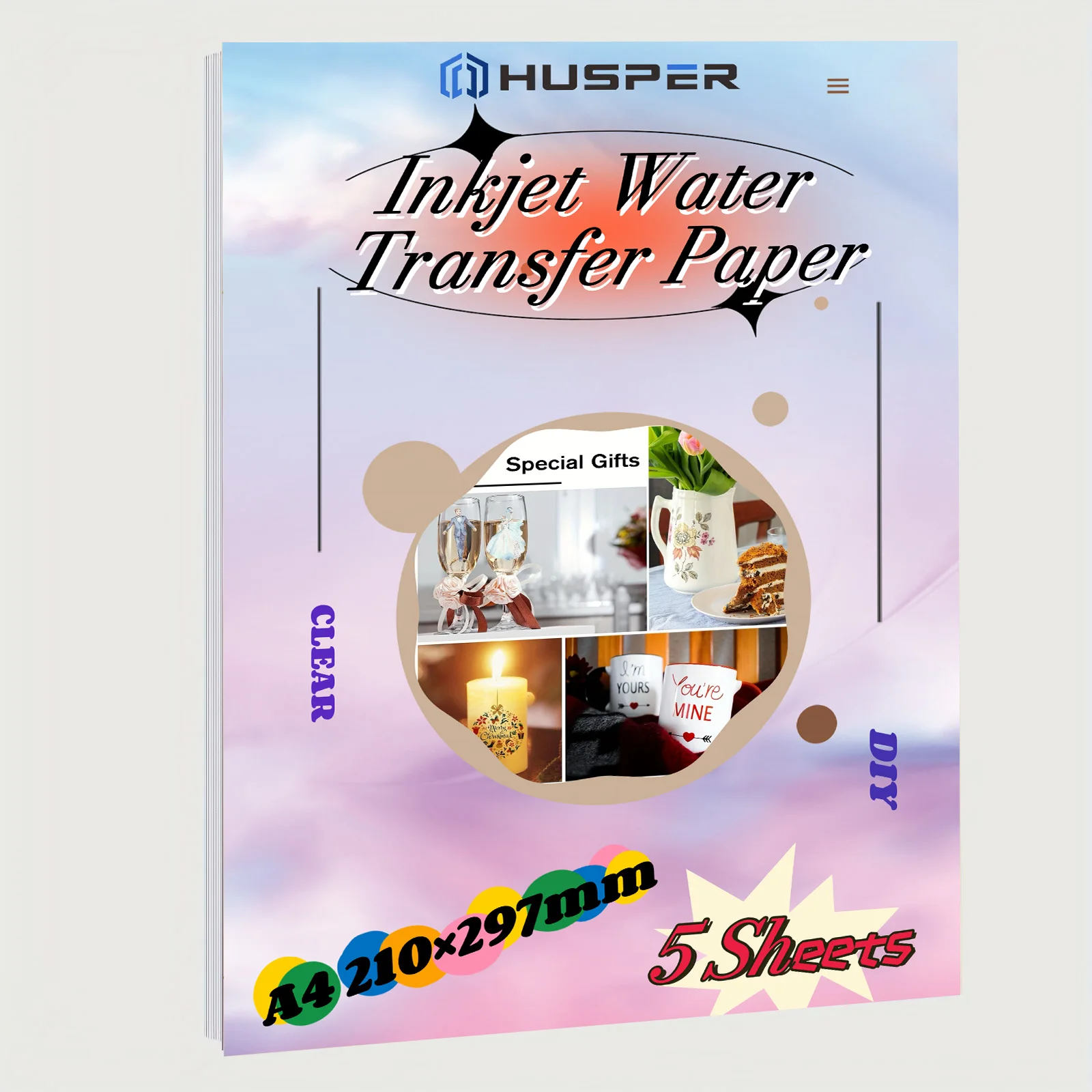 HUSPER Wasserrutsch-Aufkleberpapier für Tintenstrahldrucker – transparent – 5 Blatt Wasserrutsch-Transferpapier – 8,3 x 11,7 Zoll Image