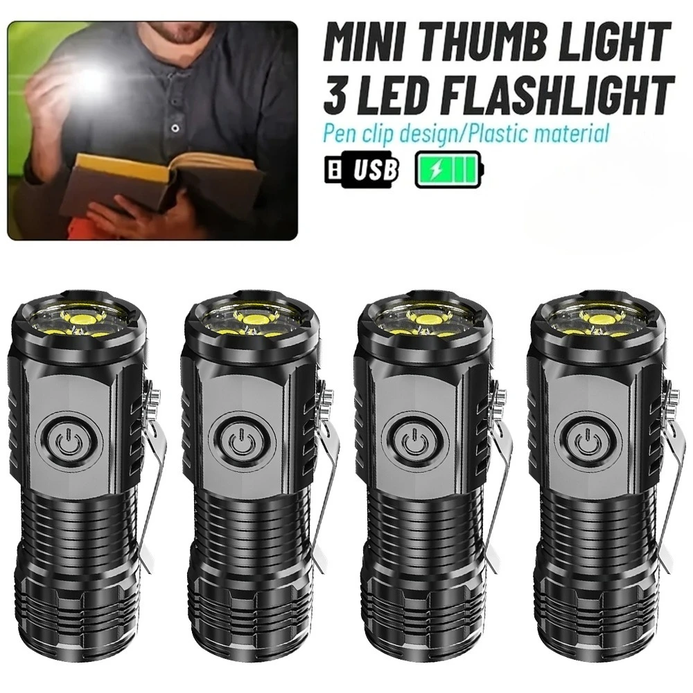 Tragbare leistungsstarke Mini-LED-Taschenlampe mit Stiftclip, wiederaufladbar über USB, Notfall-Taschenlampe, wasserdicht, Wandern, Camping, Laterne Image
