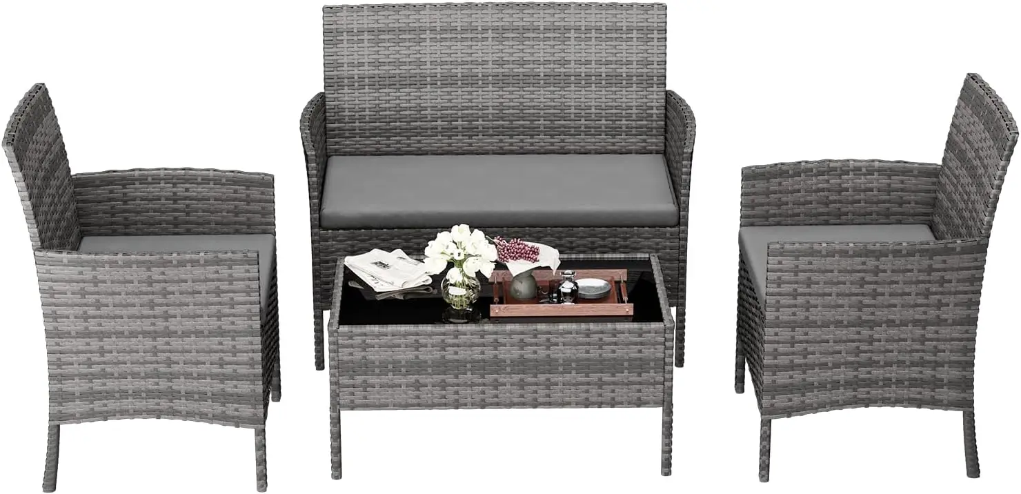 Gartenmöbel-Set, Rattanmöbel Balkonmöbel 4-teilig. Kleiner Gartengarnitur Sitzgruppe mit 2-Sitzer, Sofa und Tisch für Terrasse, Ba