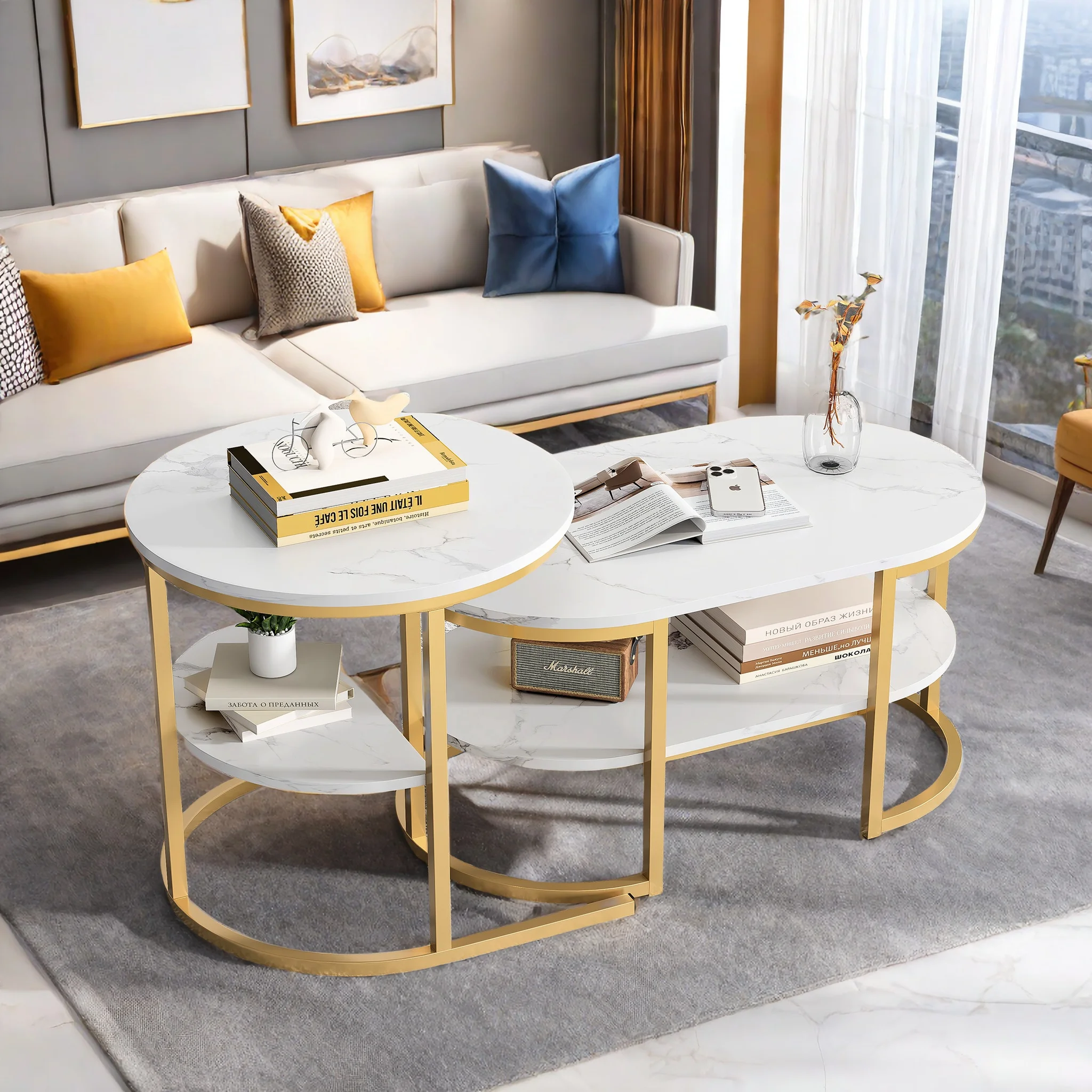 Rosahqnda Couchtisch, 2er-Set, moderne Couchtische, Beistelltische, Marmoroptik, Metallregal, Wohnzimmertisch, Wohnzimmer, Sofatisch