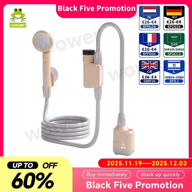 WOWER Tragbare Dusche, 4000 mAh, IPX8, wasserdicht, mit Digitalanzeige, wiederaufladbar, tragbare Dusche für Camping, Reisen, Shattaf
