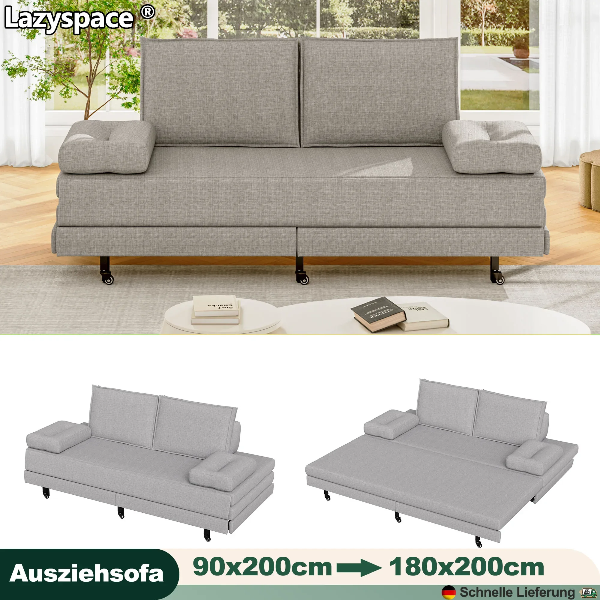 Comanlai ausziehbares Schlafsofa aus Leinen für das Wohnzimmer, erweiterbares 90 bis 180 cm großes umwandelbares Schlafsofa mit Leinen gepolstertes Schlafsofa