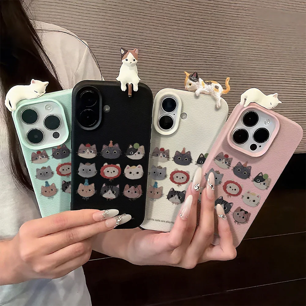 Cartoon 3D süße Katze Hülle für iPhone 17 Pro Max Cover 11 16 12 13 14 15 Pro Max 17 Air 15 16 Plus stoßfeste weiche Leder Funda Image