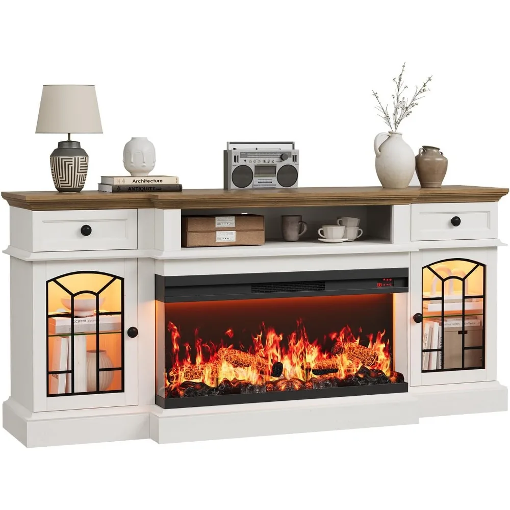 70" Farmhouse Fireplace TV Stand for TVs up to 80", Entertainment Center with 36" 3-Side Glass Electric Fireplace with