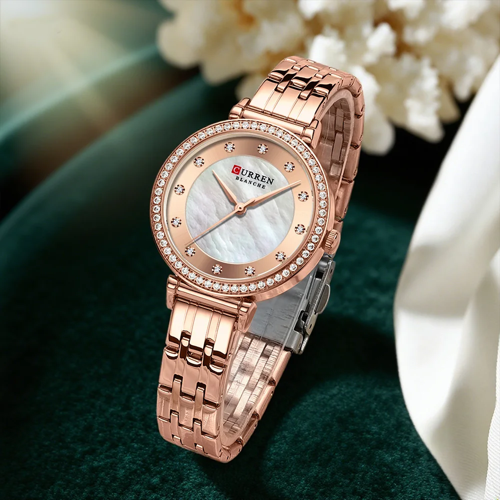 CURREN Luxus-Damenuhr, 32 mm, schmales Zifferblatt mit glänzenden Strasssteinen, Edelstahlband, leicht, elegantes, elegantes Geschenk Image