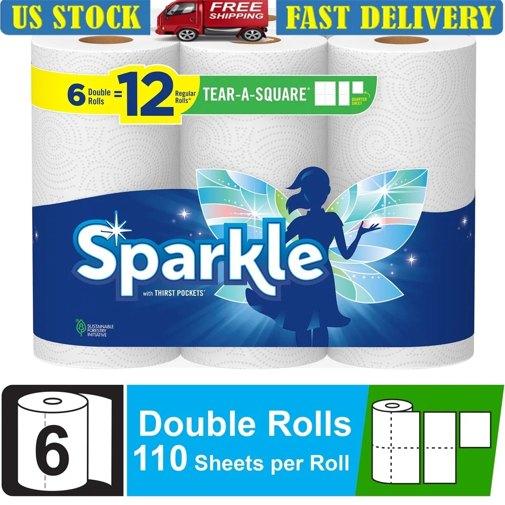 Strong Absorbent Tear-a-Square Paper Towels 6 Double Rolls 110 Sheets Per Roll 2-Ply Household Cleaning Kitchen Use Eco-Friendly