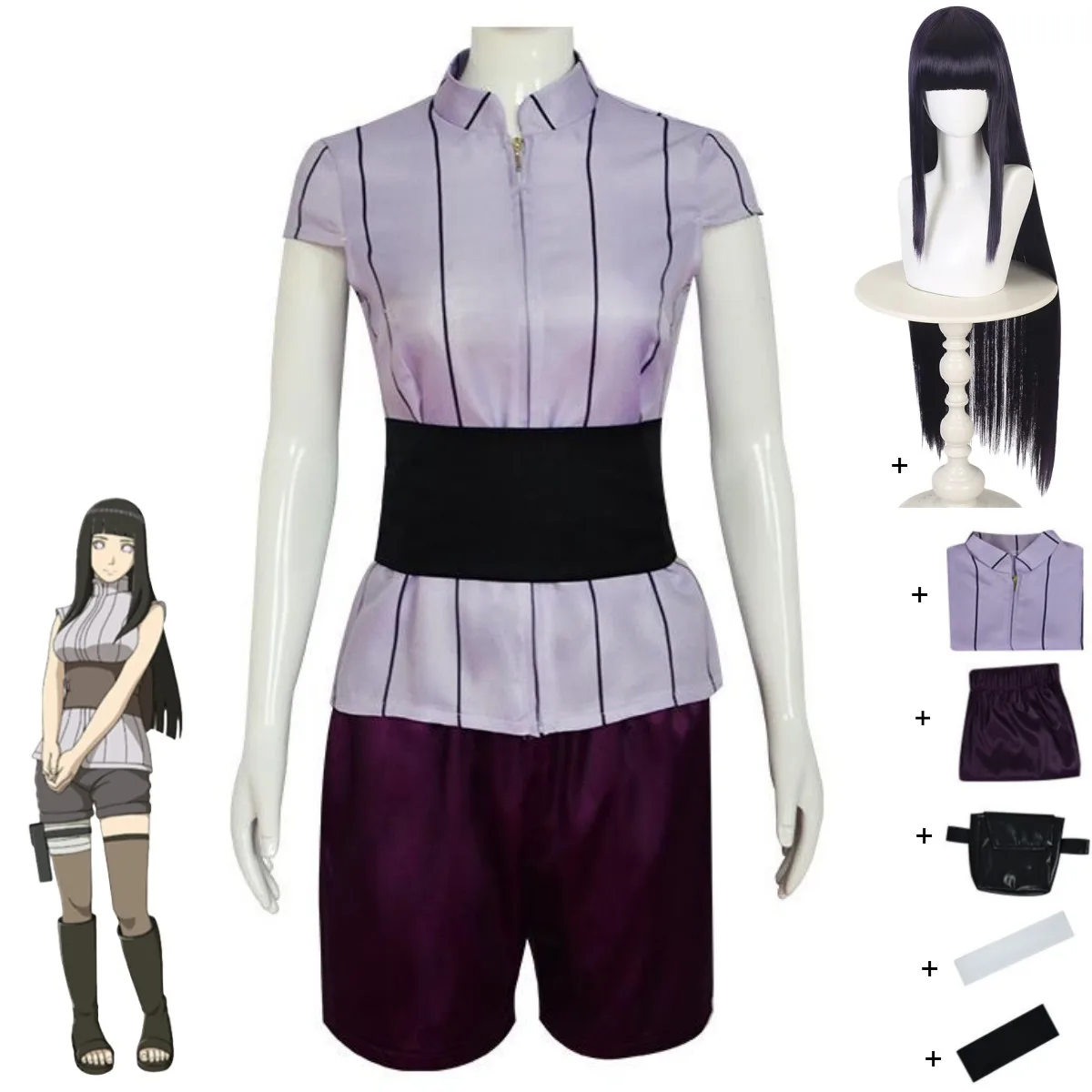 Anime Hyuga Hinata Cosplay Kostüm Streifen Kurzarm Tops T-shirt Shorts Perücke Erwachsene Frau Sexy Halloween Karneval Anzug Image