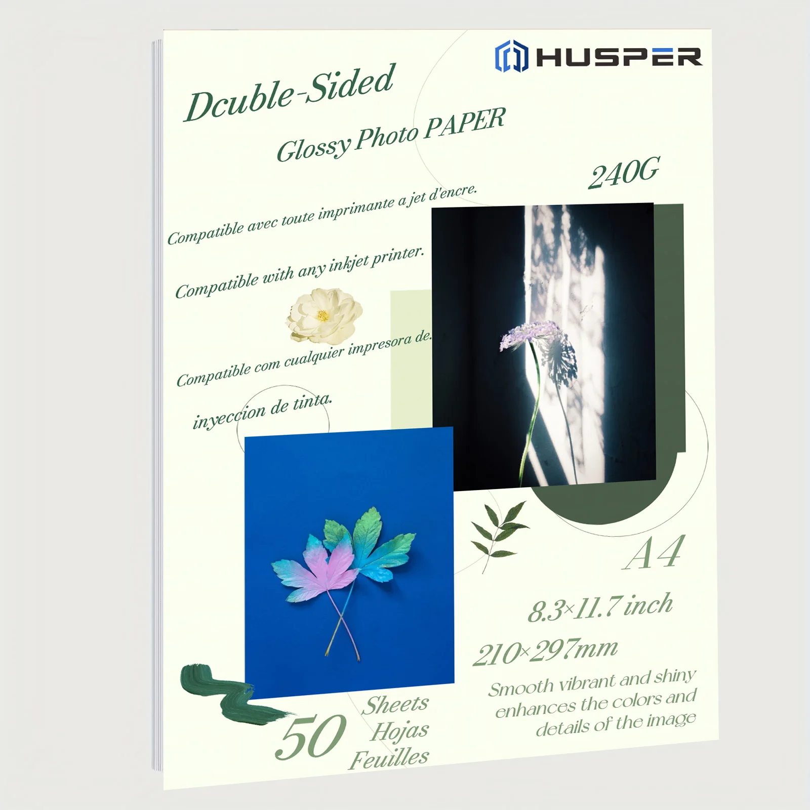 HUSPER A4 (8,3 x 11,7 Zoll), 50 Blatt, 240 g doppelseitiges, glänzendes Inkjet-Fotopapier Image