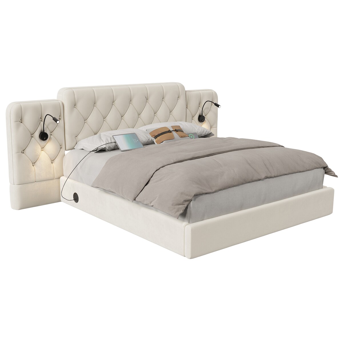 OKWISH Modernes Bettgestell 180x200cm, PU Leather Kopfteil, integrierte Leselampen, USB-Anschlüsse, hydraulisches System, großer Stauraum, Beige Image