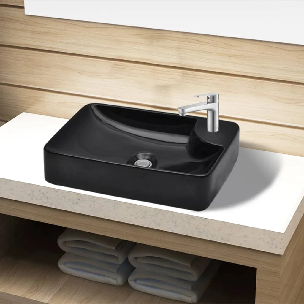 Lavabo de salle de bains en céramique noire avec trous de robinet, salles de bains et cuisines, articles décoratifs, quincaillerie de salle de bains