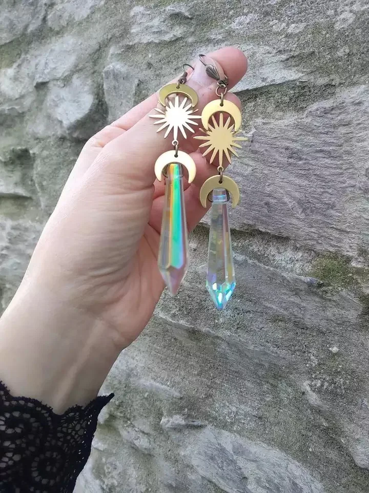 Celestial Long Earrings, Ab Crystal Earrings, Crescent Moon Earrings, Sun and Moon Earrings Raw and Antique gold Earrings