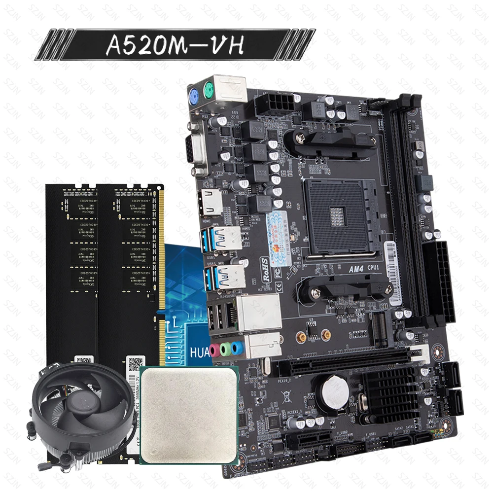 A520 Motherboard CPU-Set mit Ryzen 3000/5000 DDR4 Dual Channel Max 64 GB unterstützt M.2 NVME SATA 3.0 Gaming Mothweboard Kit Image