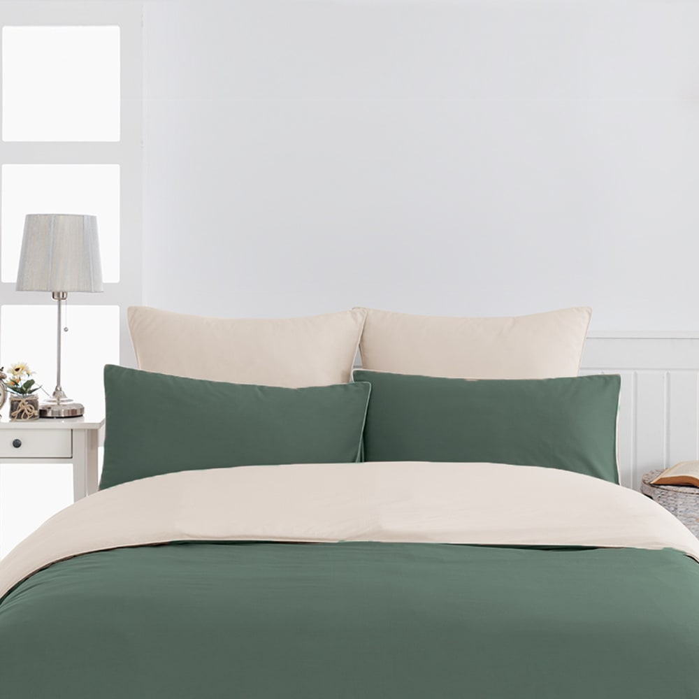 Parure de lit percale + 2 taies carrées eucalyptus/ficelle 200x200 cm