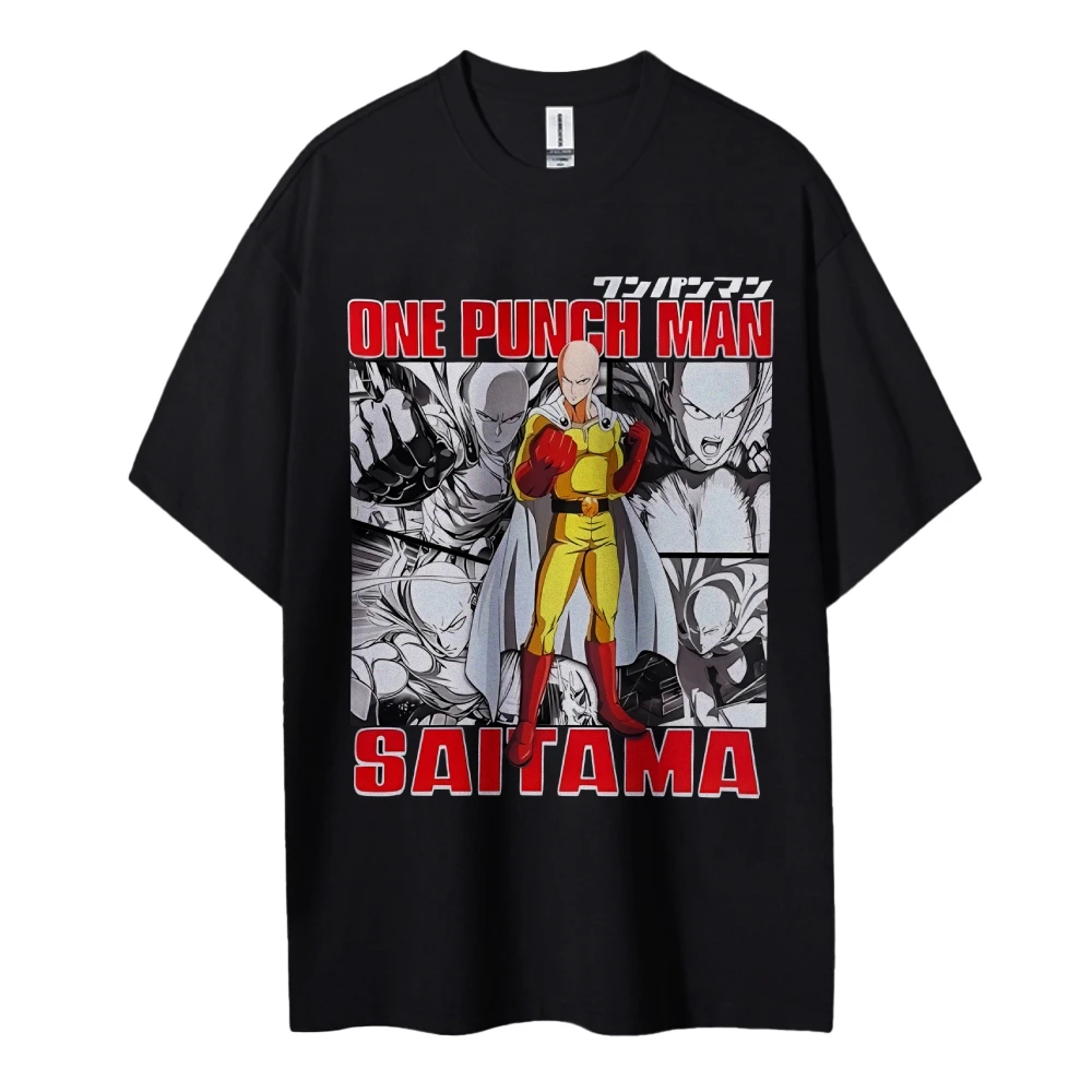 One Punch Man Saitama T-Shirt Herren Vintage gewaschene Baumwolle Kurzarm Tops 2025, Sommer-Anime-Grafik-T-Shirts, schwarze Basis, gelb