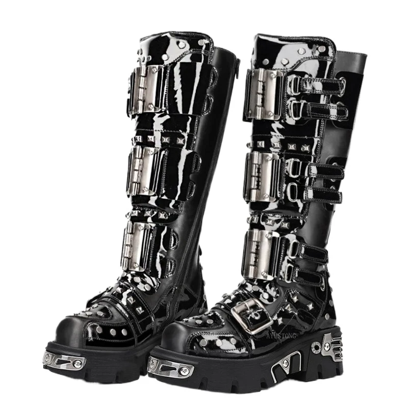Mode männer Echte Leder Motorrad Stiefel Metall Goth Punk Kniehohe Stiefel Runde Kappe Dicke sohle Spanisch Straße rock Schuhe