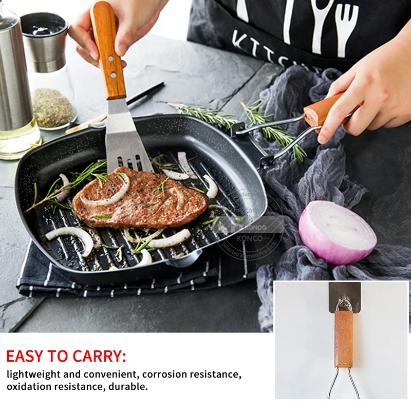 Konco Steak-Bratpfanne, 20/24/28 cm, Eisen, antihaftbeschichtet, zusammenklappbarer Steak-Topf, verdickte gestreifte quadratische Grillplatte, Küchenutensilien Image