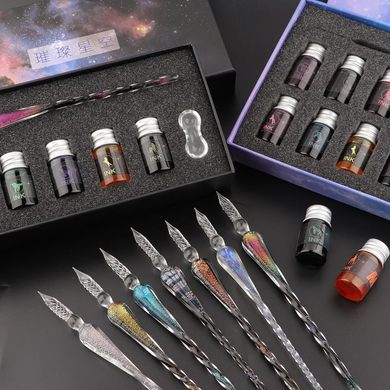 Tintenstift-Set aus Glas, Dip-Stift aus Glas mit Tinte und Stifthalter, Kunstkristallglasstifte für Unterschriften, Tintenstifte für Geschäfts- und Weihnachtsgeschenke Image