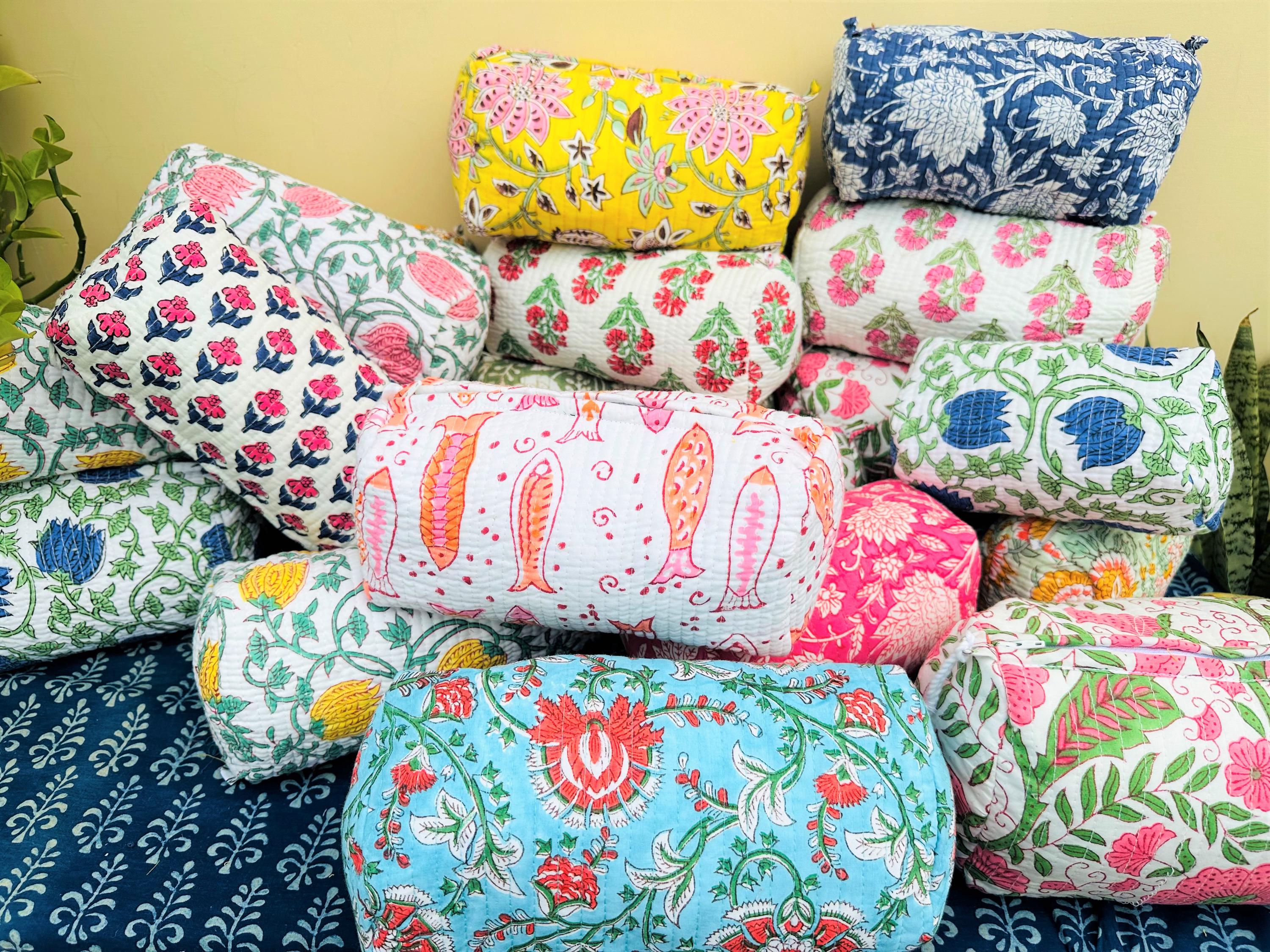 Borsa per il trucco e organizer in cotone trapuntato, beauty case in cotone, borsa da viaggio, stampa a blocchi indiani, borsa per il trucco, borsa a