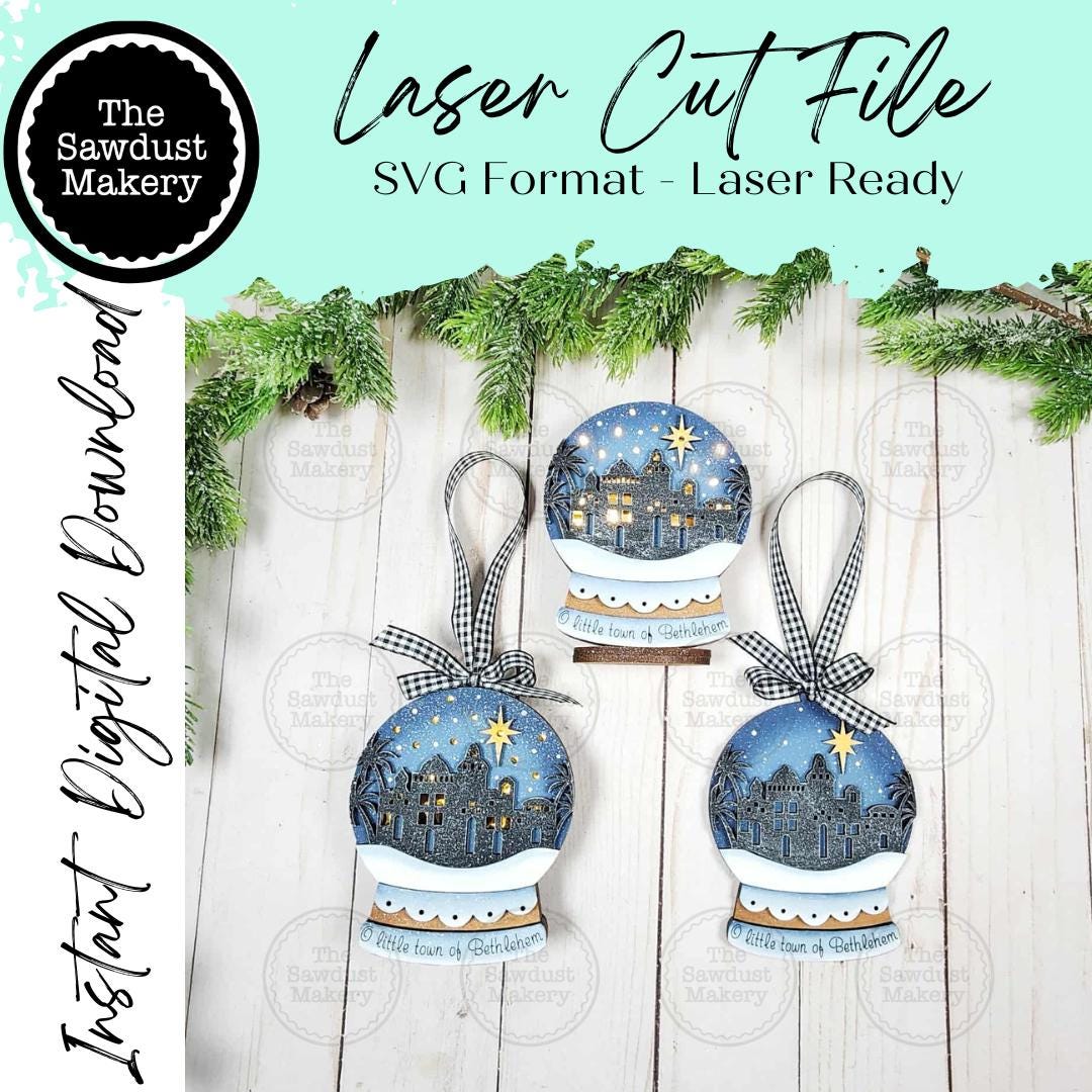 File SVG con ornamento di globo di neve illuminato di Betlemme / File tagliato al laser / Ornamento di luci fatate in formato SVG / Ornamento in forma