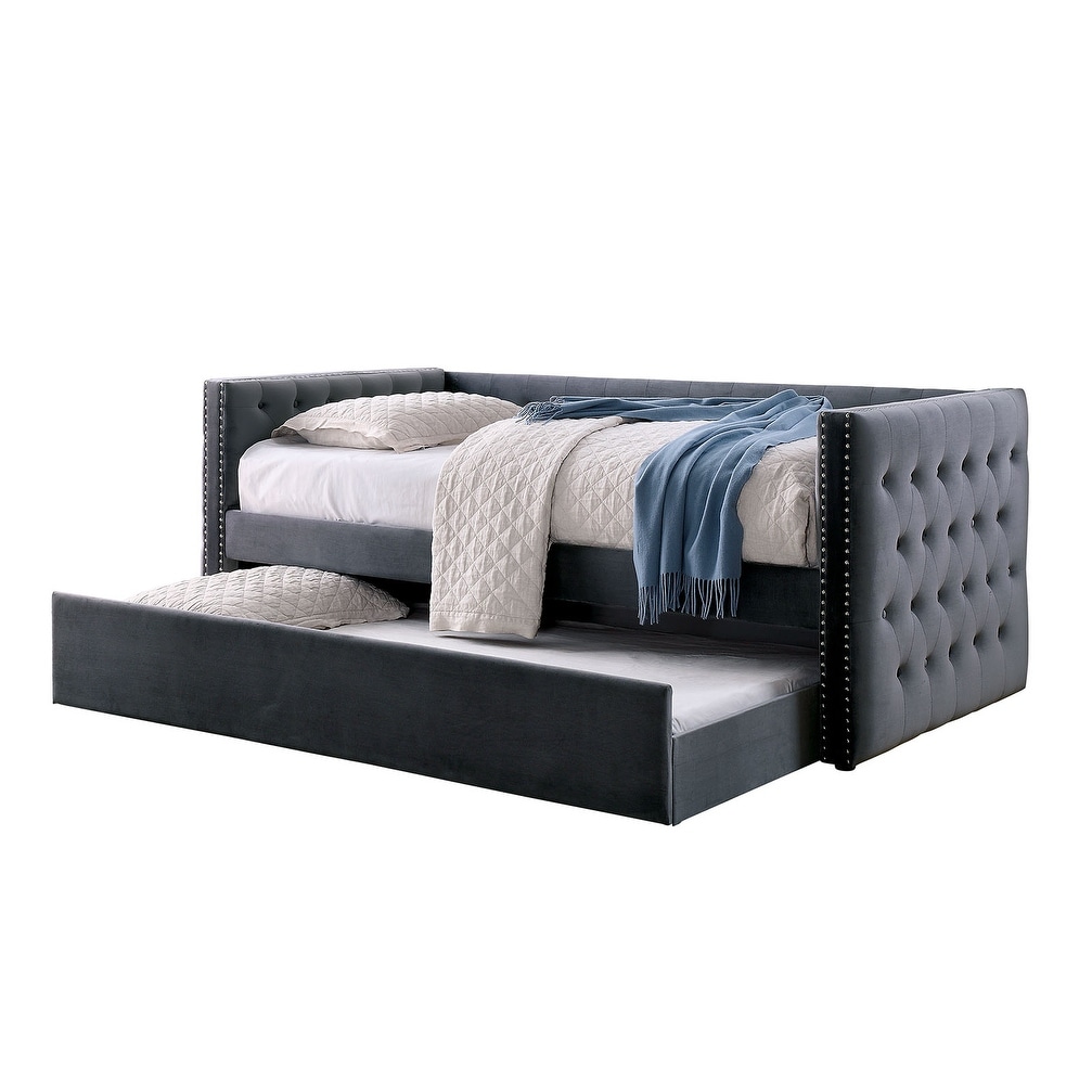 Gray Finish Transitional Style Daybed With Trundle Nailhead Trim Padded Button Tufted Upholstery Tuxedo Design Slat Kit Included