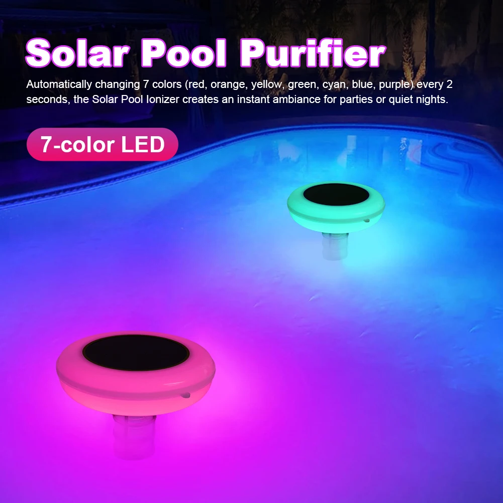 Ioniseur de piscine à énergie solaire avec commutation automatique, veilleuse LED 7 couleurs, ioniseur de piscine en cuivre, nettoyeur de piscine en cuivre, garde l'eau claire