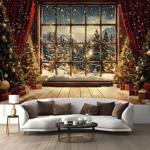Weihnachtsteppich mit Weihnachtsmann, Weihnachtsbaum Elfe, Wanddekoration, Heimtextilien für Schlafzimmer, Wohnzimmer oder Büro Image