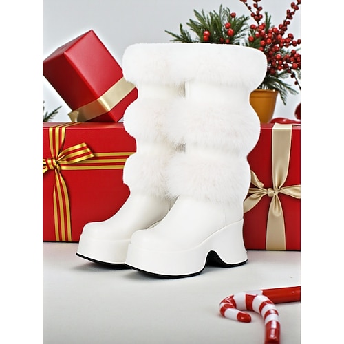 Weiße Damen-Weihnachtsstiefel aus Kunstleder mit Plateausohle und Kunstpelzbesatz – schicker Feiertagsstil, perfekt für Weihnachtsfeiern und Winterfeste Image
