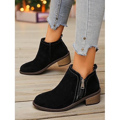 Rote Damenstiefeletten mit Reißverschluss – stylische Stiefeletten aus Kunstleder mit Blockabsatz für Weihnachten, Freizeit und Arbeit Image