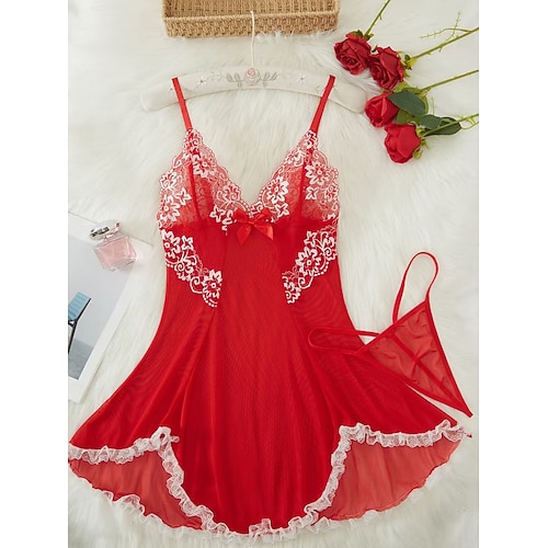 Set Nachthemd Babydoll Lingerie Slip Kleid mit Tangas Frauen Mesh Spitze Unartig Fancie Nachtwäsche Erwachsene Silvester Party Zuhause-Kleidung Valentinstag Geschenk für sie Image
