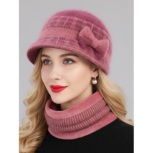 Weihnachtsset aus Acrylmütze und Halstuch für Damen – gemütliches Rippendesign mit Schleifendetail, in mehreren Farben erhältlich, perfekt für die Winterferien und festliche Anlässe Image