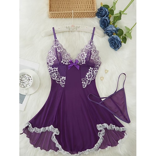 Set Nachthemd Babydoll Lingerie Slip Kleid mit Tangas Frauen Mesh Spitze Unartig Fancie Nachtwäsche Erwachsene Silvester Party Zuhause-Kleidung Valentinstag Geschenk für sie Image