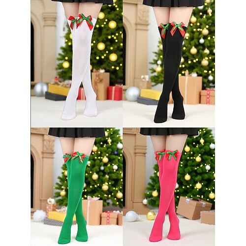 Damen Weihnachtsstrümpfe Set, 4 Paar gestreift einfarbige rote Weihnachtsstrümpfe mit Schleifen und Bommeln, festliche Overknee-Socken für Winterpartys Geschenke Image