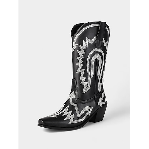 Rote Cowboystiefel aus Lacklederimitat für Damen mit glitzernder Stickerei, Westernstil, klobiger Absatz, perfekt für Weihnachten, Country-Musik-Events und Feiertagsfeiern Image