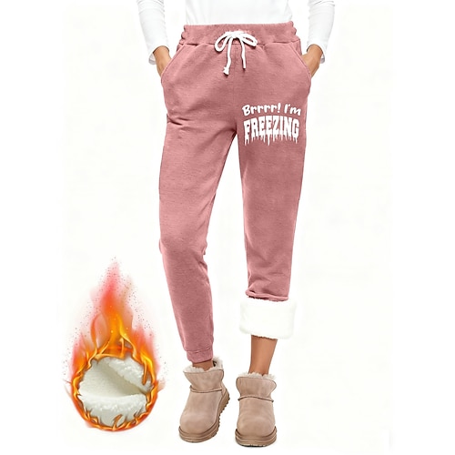 Damen Jogginghose Fleecehose Stoffhosen Mode Basic Lässig Volle Länge Hohe Taille Buchstabe Kordelzug Tasche Druck Thermowarm Winddicht Bequem Dehnbar Urlaub Straße Lässig Schwarz Rosa Dunkelpink Blau Image