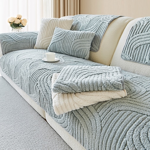 Cremefarbener Plüsch-Sofakissenbezug, 2025 neues, verdicktes, rutschfestes Sofa-Sitzpolster, weicher Schonbezug für das Sofa Image