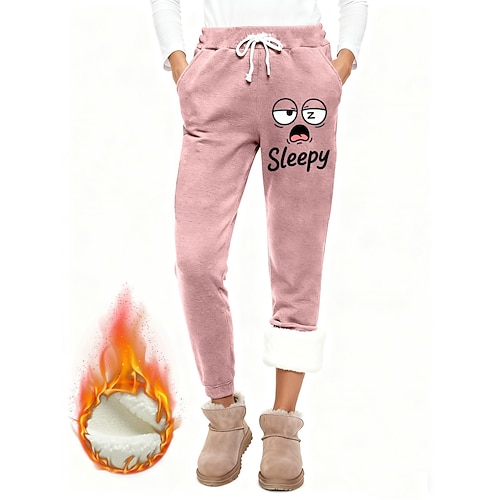 Damen Jogginghose Fleecehose Stoffhosen Urlaub Mode Lässig Volle Länge Hohe Taille Grafik Buchstabe Kordelzug Tasche Druck Thermowarm Winddicht Bequem Dehnbar Täglich Outdoor Urlaub Rosa Dunkelpink Image