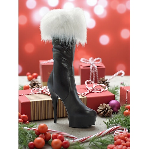 Weihnachtsstiefel mit hohem Absatz und Kunstpelzbesatz für Damen – festlicher Feiertagsstil, perfekt für Weihnachtsfeiern und Feste Image