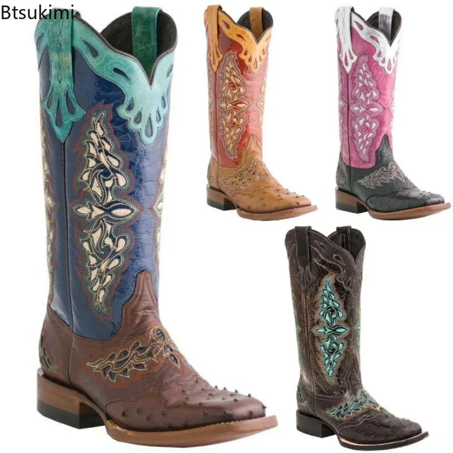 Herbst und Winter Damen-Ritterstiefel mit quadratischem Zehenbereich und dickem Absatz, bunt gemusterte Ritterstiefel, bestickte, farbblockierte, rutschfeste Damenstiefel Image