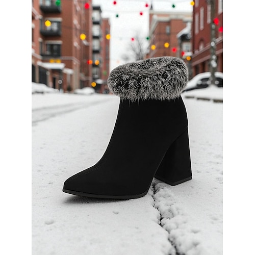 Rote Wildlederstiefeletten für Damen mit Kunstfell-Umschlag, klobigem Blockabsatz, stylischer spitzer Zehenpartie, perfekt für den Winter, Weihnachtsfeiern und festliche Anlässe Image