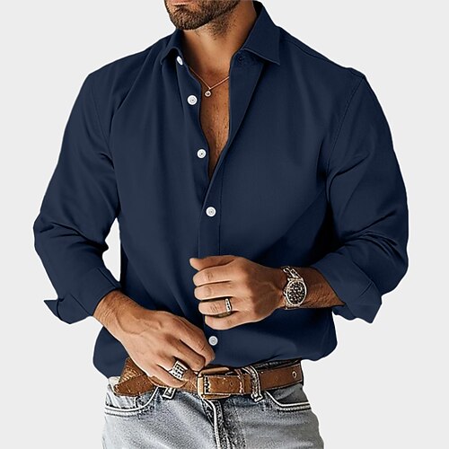 Herren Hemd Kleidhemd Freizeithemd Einfach Outdoor Straße Schwarz Weiß Marineblau Blau Langarm Revers Sommer Frühling Bekleidung Rein Image