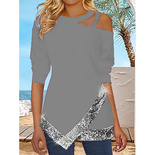 Damen Bluse Pailletten Patchwork Einfarbig Stilvoll Lässig Langarm Rundhalsausschnitt Normale Oberteile Täglich Schwarz Weiß Wein Purpur Hellgrau Frühling Herbst Image