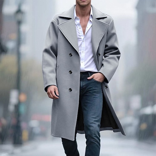 Herren Mantel Trenchcoat Langer Trenchcoat Urlaub Täglich Herbst Winter Polyester Winddicht Warm Oberbekleidung Bekleidung Mode Klassisch Einfach Tasche Revers Doppelreihig Image