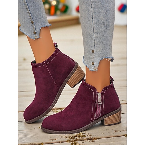 Rote Damenstiefeletten mit Reißverschluss – stylische Stiefeletten aus Kunstleder mit Blockabsatz für Weihnachten, Freizeit und Arbeit Image