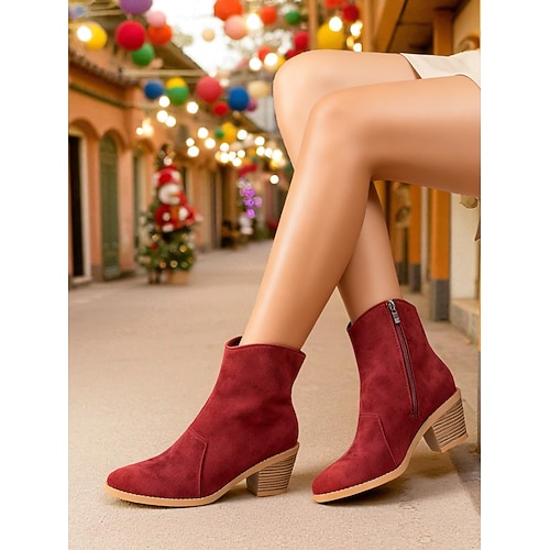 Rote Wildlederstiefeletten für Damen mit Reißverschluss und klobigem Blockabsatz, bequem und stilvoll, perfekt für Weihnachten, Winterausflüge und alltägliche Anlässe Image