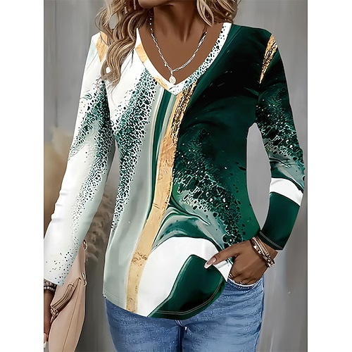 Damen T Shirt Druck Grafik Abstrakt Marmor Vintage Stilvoll Klassisch Langarm V Ausschnitt Normale Oberteile Täglich Dunkelgrün Herbst Winter Image