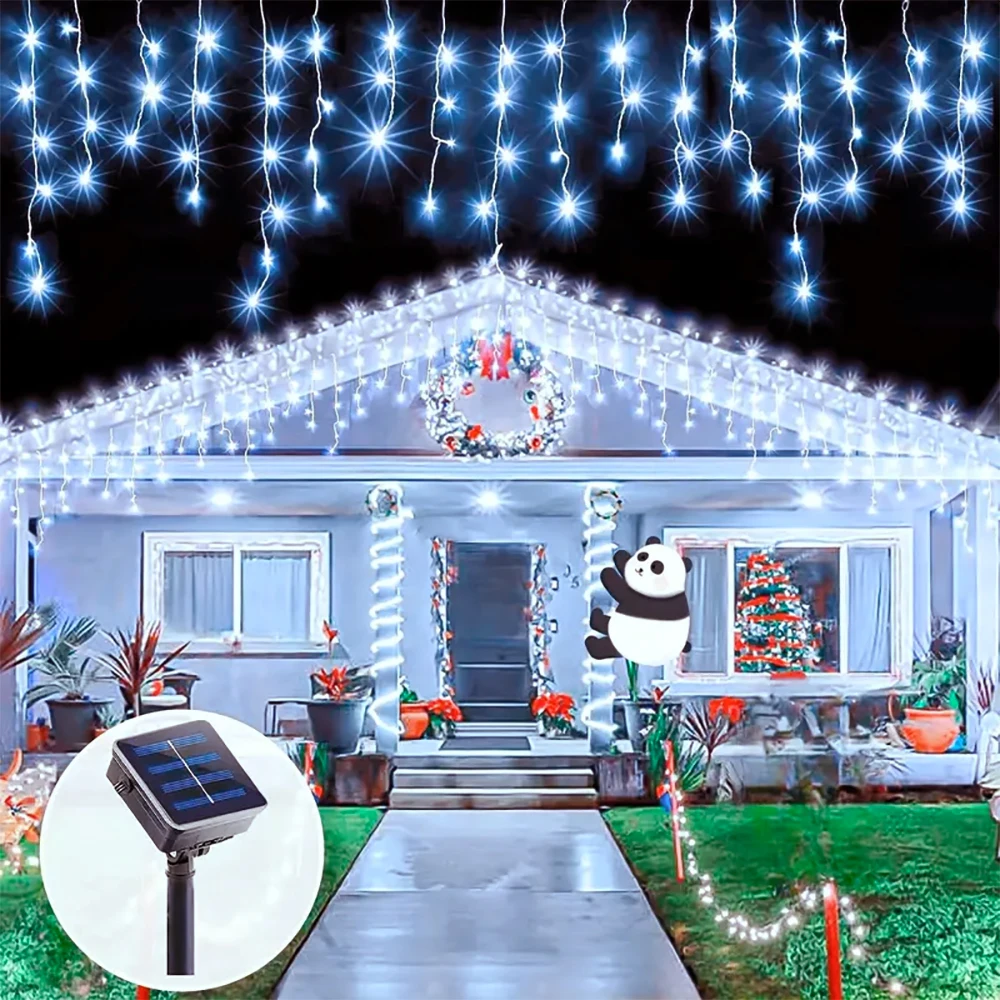 Solar-Vorhang, Eiszapfen-Lichter, Outdoor-Traufe, Dekoration, Lichter, 8 Beleuchtungsmodi, Hochzeit, Weihnachten, Party, Garten, Lichterkette