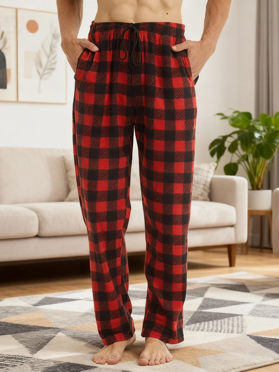 Weihnachts-Pyjamahose für Herren, Winterhose, Fleece, Lounge-Nachtwäsche, leichte karierte PJ-Hose mit Taschen, Mikrofleece Image