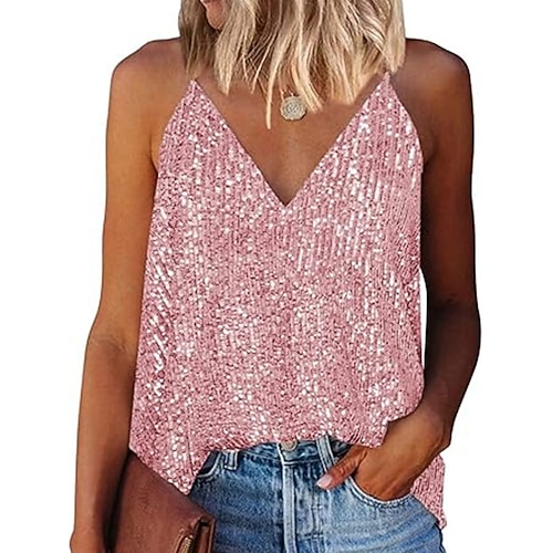Damen Camisole-Tanktop Pailletten Einfarbig Stilvoll Lässig Ärmellos Träger Normale Oberteile Täglich Silber Schwarz Champagner Gelb Rosa Sommer Frühling Image