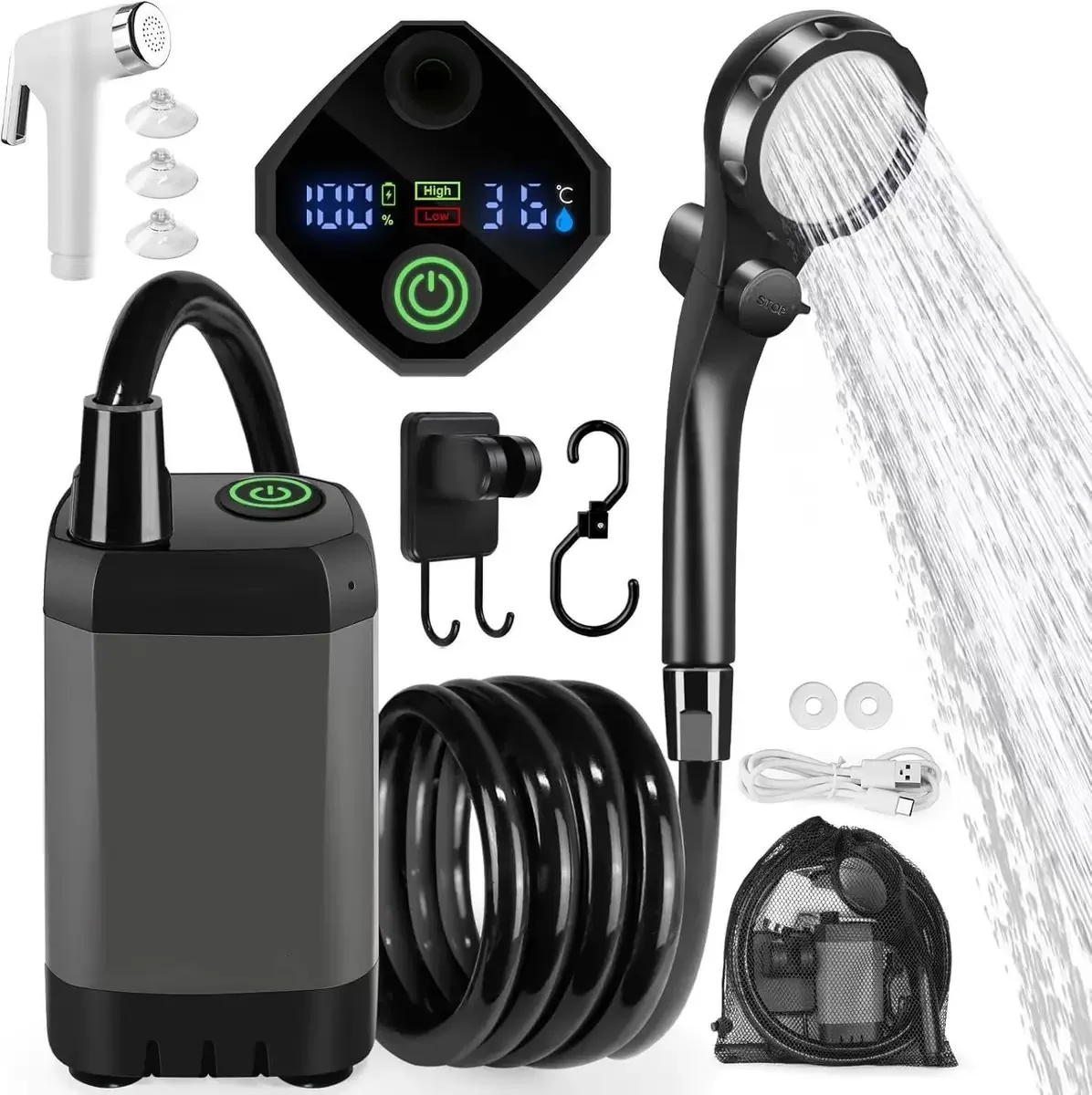 Camping-Dusche, Temperaturanzeige, 6000 mAh, wiederaufladbar, tragbar, Wohnmobil-Dusche, Dual-Speed-Modus, elektrische Dusche für den Außenbereich Image